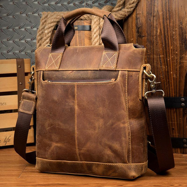 Brown Leather Mens 13 inches Briefcase Vertical Laptop Side Bags Business Bags Work Bags for Men - imessengerbags