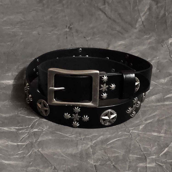 Cool Black Punk Leather Star Metal Rock Belt Motorcycle Belt Leather Belt For Men - imessengerbags