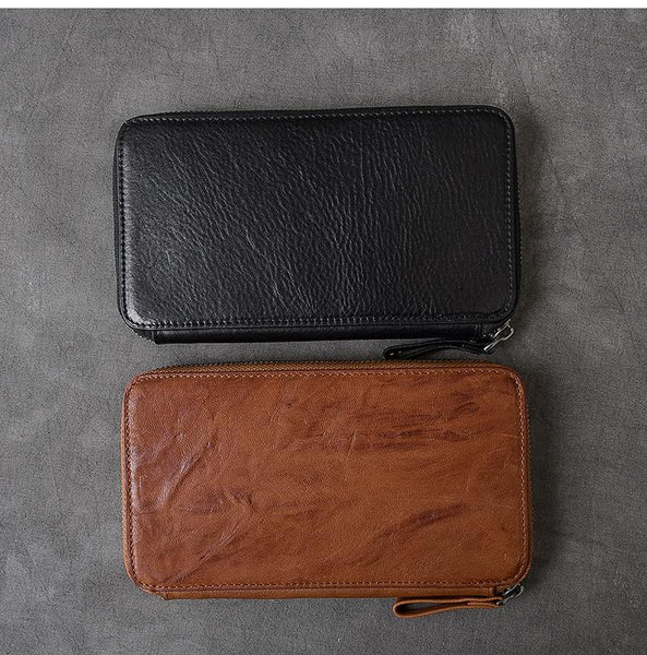 Black Leather Mens Long Wallet Zipper Brown Clutch Phone Wallet For Men - imessengerbags