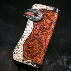 Handmade Mens Cool Tooled Boa Skin Floral Leather Chain Wallet Biker Trucker Wallet with Chain - imessengerbags