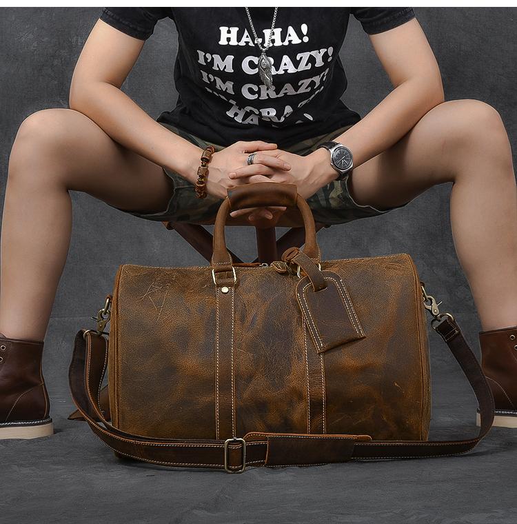 Retro Brown Leather Men's Business Overnight Bag Large Travel Bag Duffel Bag Weekender Bag For Men - imessengerbags