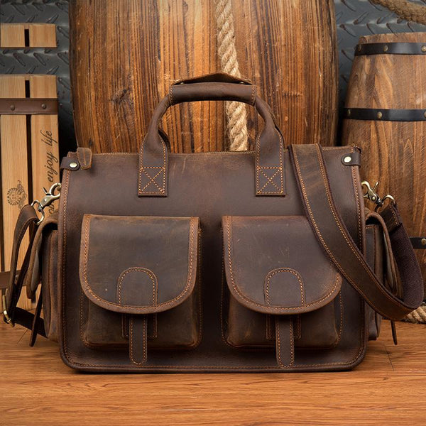 Vintage Mens Leather 14 inches Briefcase Side Bag Work Bags Travel Luggage Bag for Men - imessengerbags