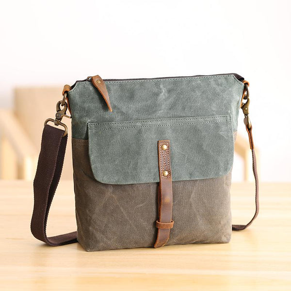 Wax Canvas Leather Mens Small Waterproof Vertical Green Side Bag Courier Bag Messenger Bag for Men - imessengerbags