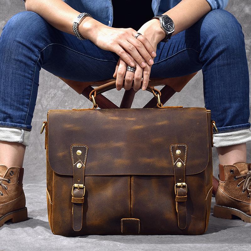 Leather Mens Brown Briefcase 14'' Laptop Bag Messenger Bag Shoulder Bag For Men - imessengerbags