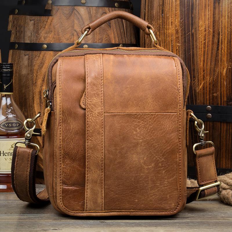 Casual Brown  Leather 10 inches Small Vertical Messenger Bag Crossbody Side Bag for Men - imessengerbags