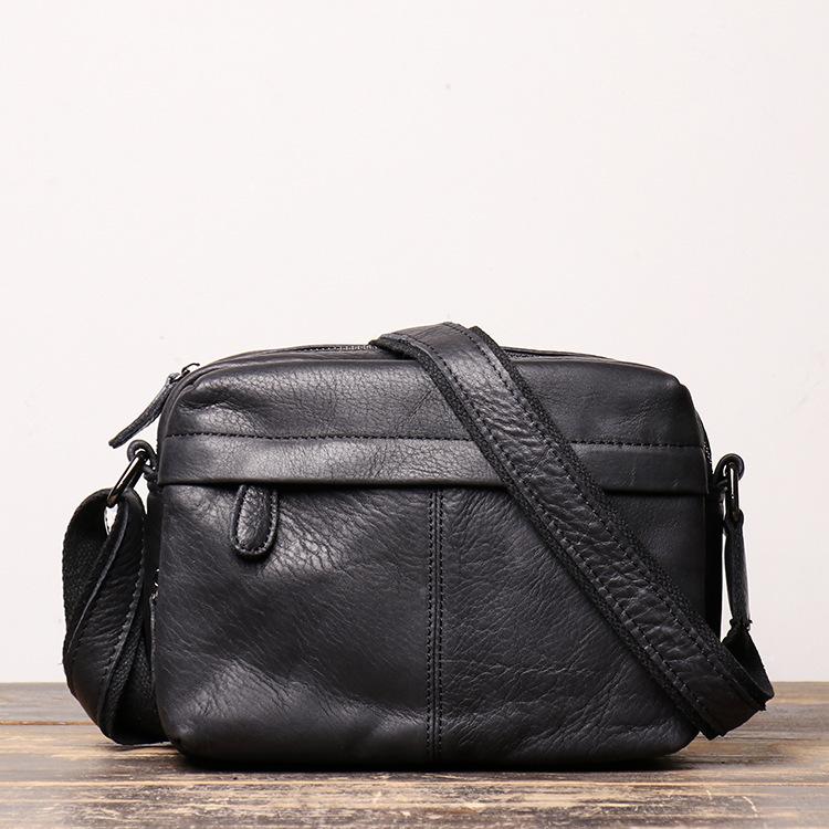 Black Mini Leather Mens Side Bag Black Messenger Bags Postman Bag Cour