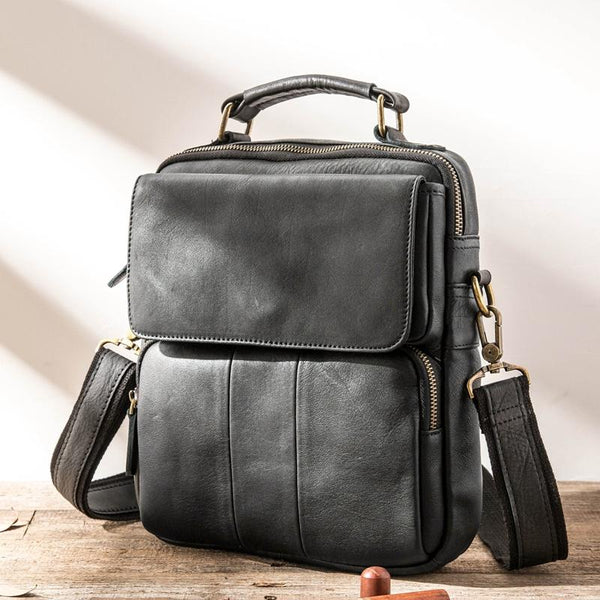 Black Leather Mens Vertical Small Briefcase Work Handbag Side Bag Business Shoulder Bag for Men - imessengerbags