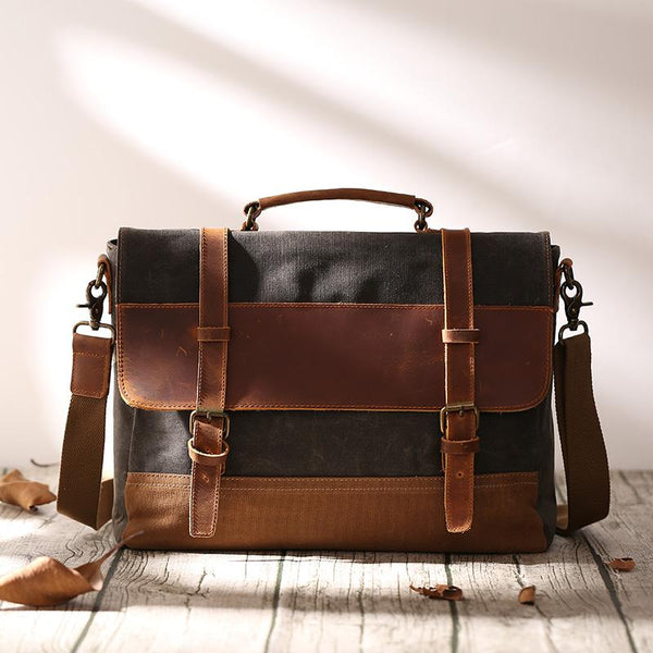 Canvas Leather Mens Side Bag Gray 14'' Briefcase Postman Bag Messenger Bag for Men - imessengerbags