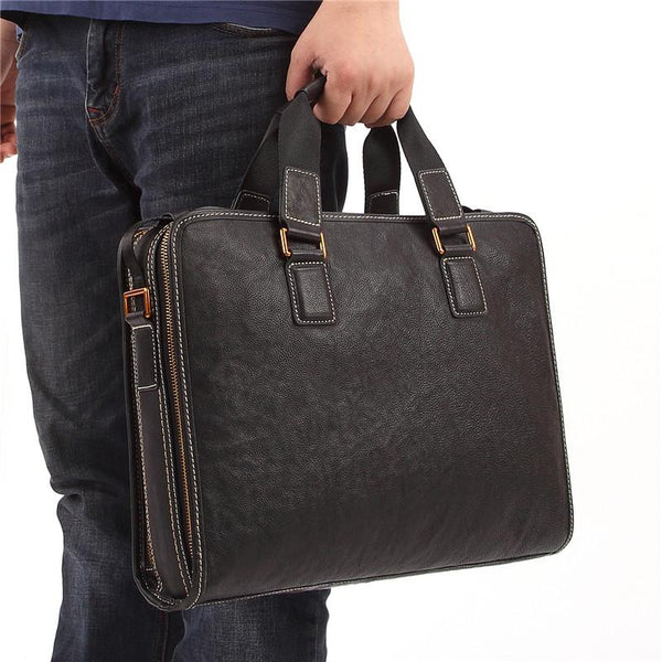 Fashion Black Leather Men's Briefcase Professional Briefcase 15‘’ Black Laptop Briefcase For Men - imessengerbags