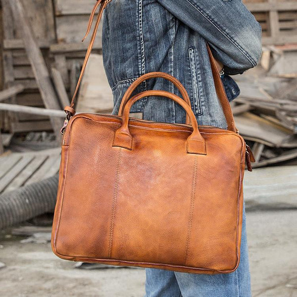 Vintage Brown Leather Mens 14 inches Briefcase Work Side Bag Brown Laptop Briefcase Business Bag for Men - imessengerbags