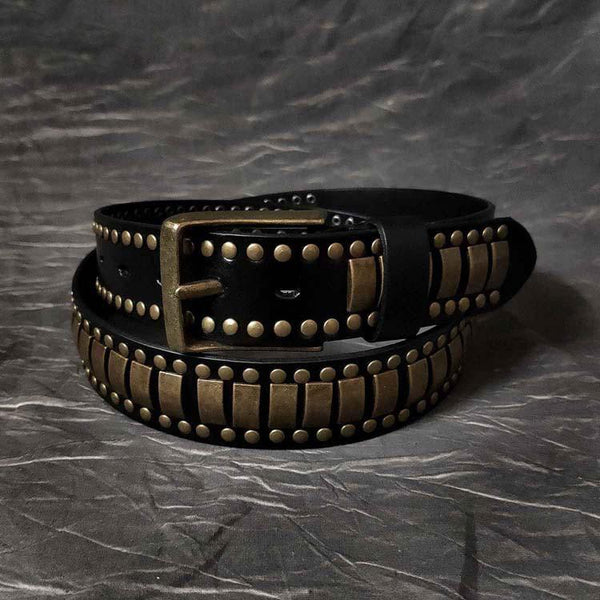 Black Fashion Leather Metal Rock Belt Motorcycle Belt Brown Punk Leather Belt For Men - imessengerbags