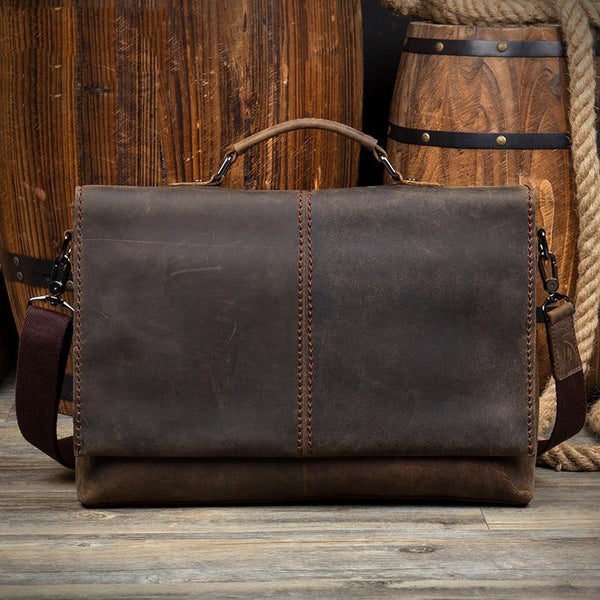 Vintage Dark Brown Leather Mens 15 inches Briefcase Laptop Bag Business Side Bags Work Bag for Men - imessengerbags