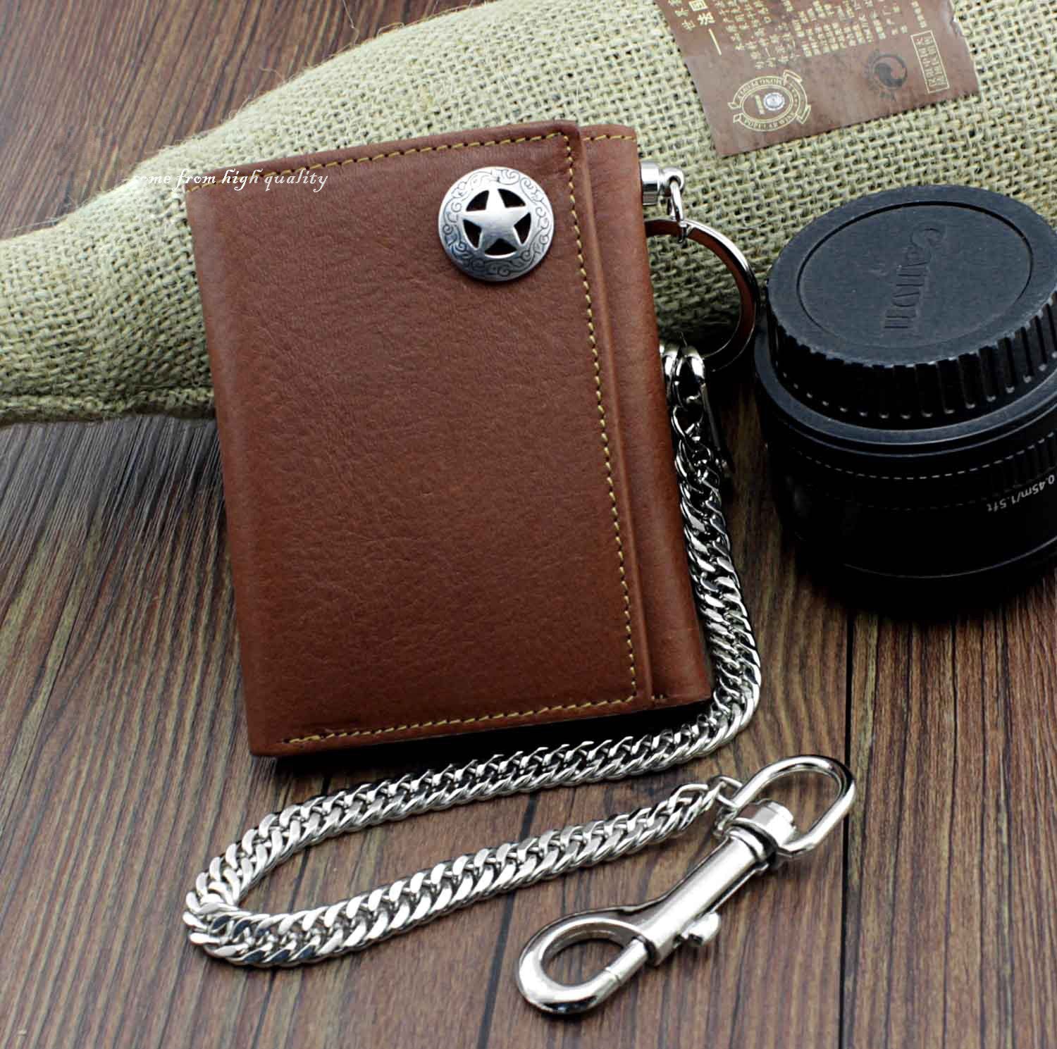 BADASS BROWN LEATHER MENS TRIFOLD SMALL BIKER WALLET CHAIN WALLET WALLET WITH CHAIN FOR MEN - imessengerbags