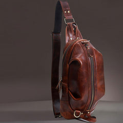 Genuine Leather Mens Cool Chest Bag Sling Bag Crossbody Bag Travel Bag Hiking Bag for men