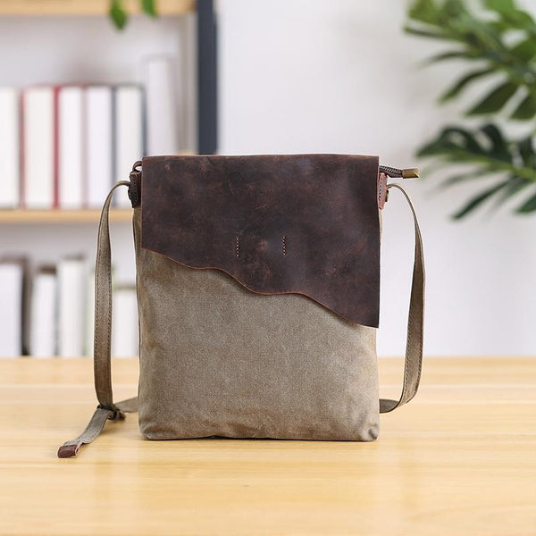 Leather Canvas Mens 12" Side Bag Vertical Courier Bag Gray Postman Bag Messenger Bag for Men - imessengerbags