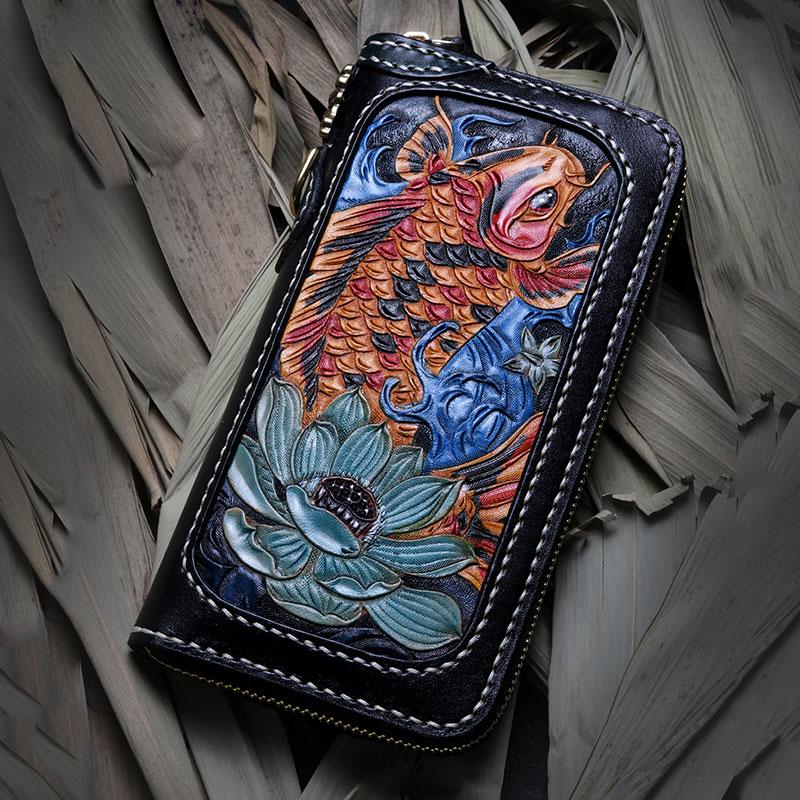 Handmade Leather Carp Mens Chain Biker Wallet Cool Leather Wallet