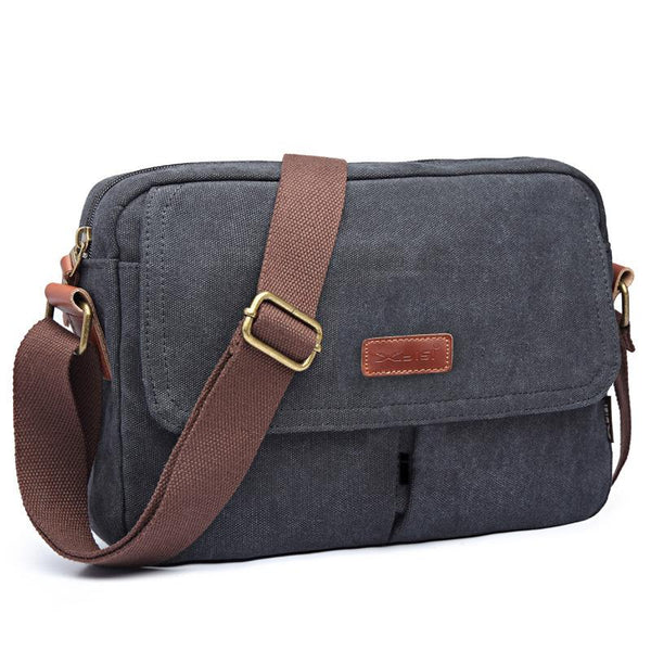 Cool Canvas Leather Mens Small Black Tablet Bag Shoulder Bag Gray Side Bag Messenger Bag for Men - imessengerbags