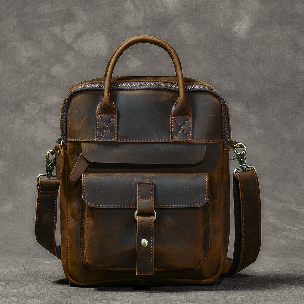 Vintage Leather Mens 10'' Vertical Brown Briefcase Handbag Bag Shoulder Bag Side Bag For Men - imessengerbags