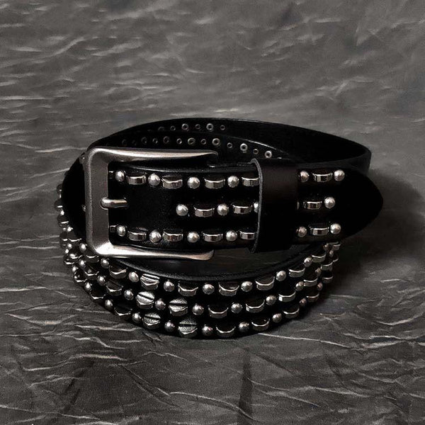 Cool Black Leather Metal Rivet Rock Belt Biker Motorcycle Belt Black Punk Leather Belt For Men - imessengerbags