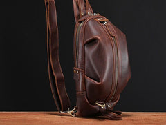 Genuine Leather Mens Cool Chest Bag Sling Bag Crossbody Bag Travel Bag Hiking Bag for men