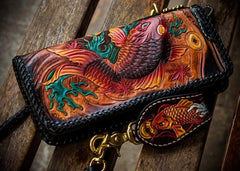Handmade Leather Tooled Carp Mens Chain Biker Wallet Cool Leather Wallet Long Phone Wallets for Men - imessengerbags
