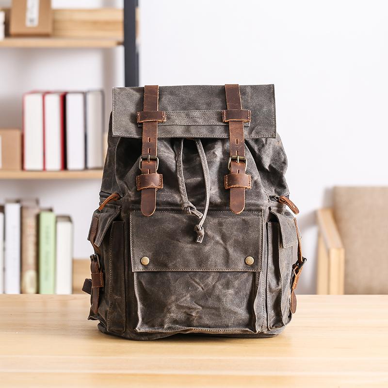 Waxed Canvas Leather Mens Gray Waterproof 15‘’ Large Backpack Travel Backpack College Backpack for Men - imessengerbags