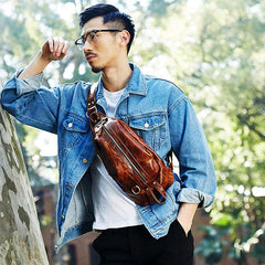 Genuine Leather Mens Cool Chest Bag Sling Bag Crossbody Bag Travel Bag Hiking Bag for men