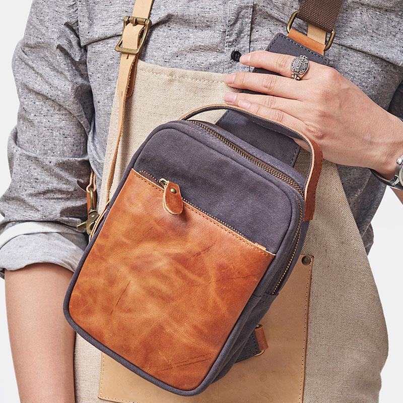 Cool Gray Canvas Leather Mens Sling Bag Chest Bag One Shoulder Pack for men - imessengerbags