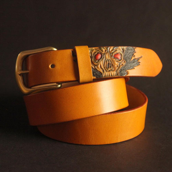 Cool Handmade Yellow Brown Skull Tooled Leather Mens Belt Carved Leather Belt for Men - imessengerbags