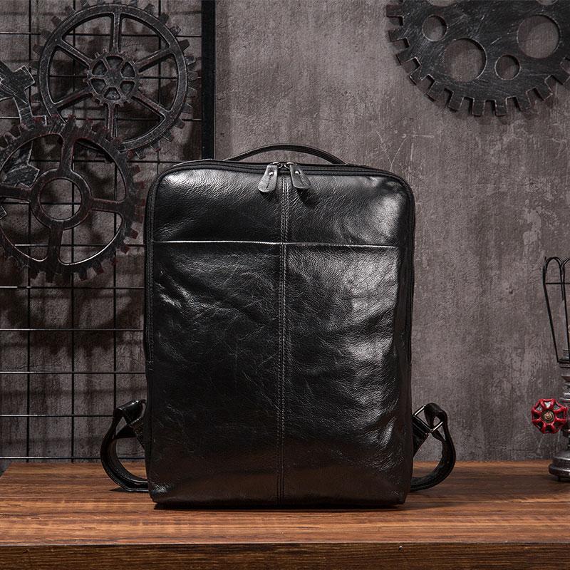 Black Cool Mens Leather Backpack Travel Backpack Leather 15inch Laptop Backpack for Men - imessengerbags