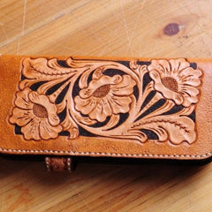 Handmade Tooled Floral Mens Leather Long Biker Wallet Cool Long Chain Wallet for Men - imessengerbags