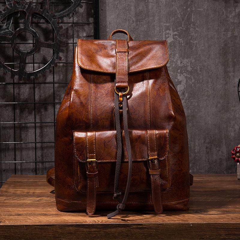 Coffee Cool Mens Leather Backpack Travel Backpacks Leather Hiking Backpack for Men - imessengerbags