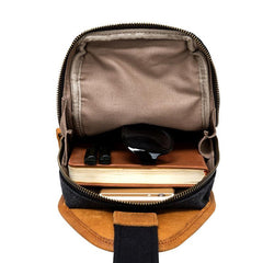 Black Canvas Leather Sling Backpack Men's Sling Bag Chest Bag Canvas One shoulder Backpack For Men - imessengerbags