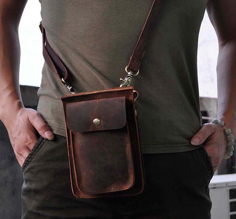 Brown Mens Leather Small Belt Pouch Mens Waist Bag Side Bag Mini Messe