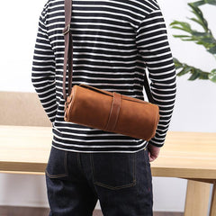 Black Leather Mens Brown Barrel Postman Bag Brown Bucket Messenger Bag Side Bag For Men - imessengerbags