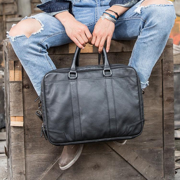 Black Leather Mens 14 inches Briefcase Work Bag Laptop Bag Business Bag for Men - imessengerbags