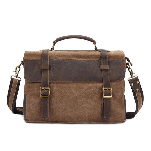 Canvas Leather Mens Vintage Khaki 14'' Briefcase Side Bag Lake Green Messenger Bag Brown Courier Bag for Men - imessengerbags