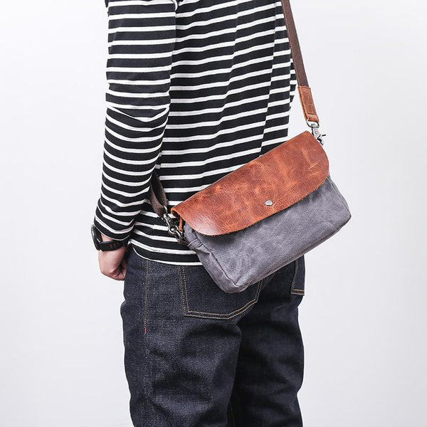 Leather Canvas Mens Small Side Bag Gray Courier Bag Postman Bag Messenger Bag for Men - imessengerbags