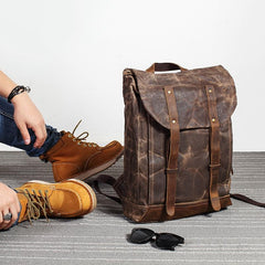 Casual Men's Waxed Canvas Brown School Travel Backpack Laptop Backpack For Men - imessengerbags