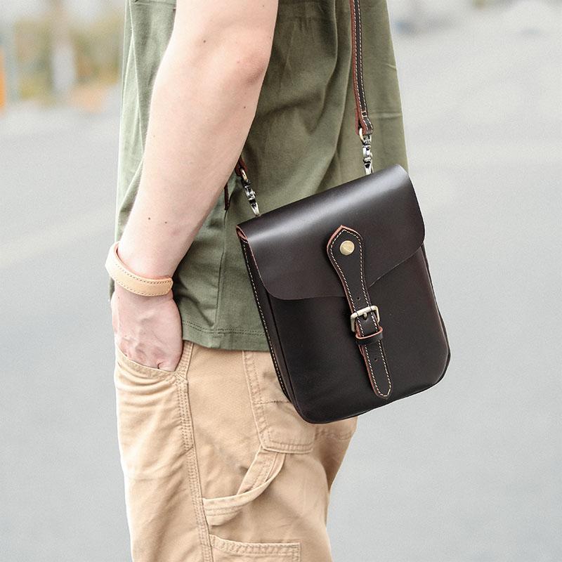 Dark Brown Vintage Leather Mens Small Messenger Bag Waist Bag Belt Pouch Bag For Men