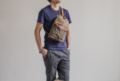 Canvas Leather Mens Cool Chest Bag Sling Bag Crossbody Bag Travel Bag Hiking Bag for men - imessengerbags