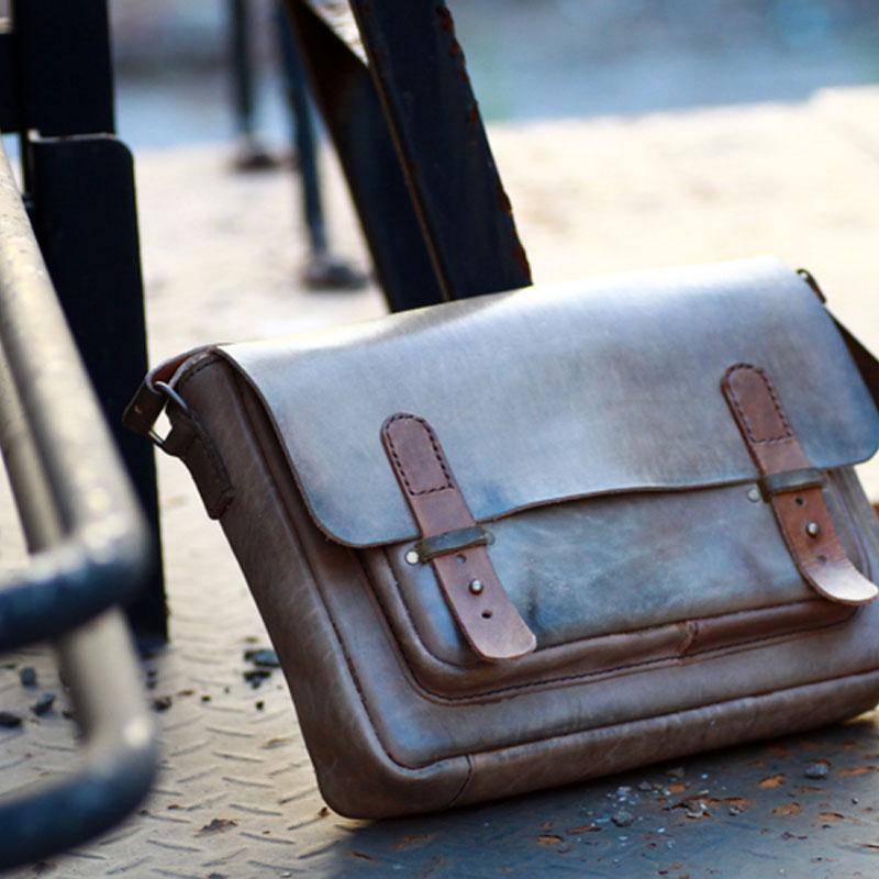 Handmade Vintage Coffee Leather Mens Messenger Bag Box Shoulder Bags f