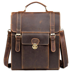Casual Brown Leather Mens 14 inches School Backpacks Shoulder Briefcase Computer Backpack for Men - imessengerbags