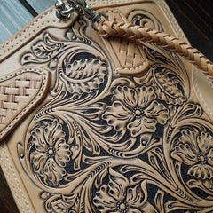 Handmade Leather Biker Wallet Tooled Floral Mens Cool Chain Wallet Trucker Wallet with Chain - imessengerbags