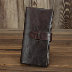 Black Leather Men's Bifold Long Wallet with Coin Pocket Billfold Wallet Card Wallet For Men - imessengerbags