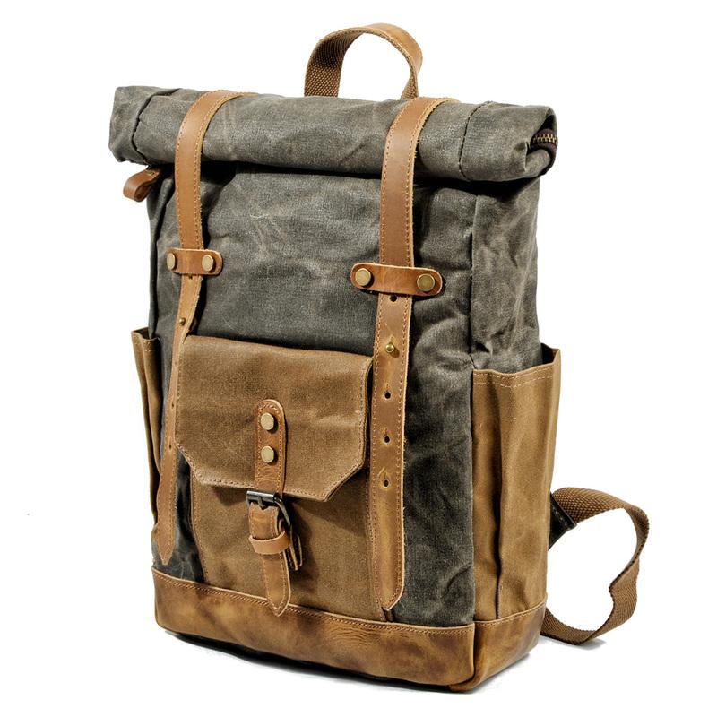 Cool Canvas Leather Mens Green Large Waterproof Travel Backpack Computer Hiking Backpack for Men - imessengerbags