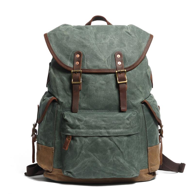 Wax Canvas - Leather Camping Backpack, Green, Brown, Black