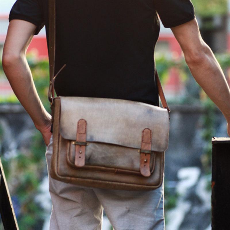 Casual Dark Coffee Leather Messenger Bag Men's 8 inches Side Bag Verti –  imessengerbags