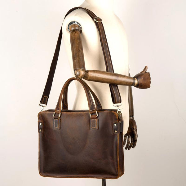 Vintage Brown Leather Mens 14 inches Briefcase Laptop Briefcase Business Bags Work Bags for Men - imessengerbags