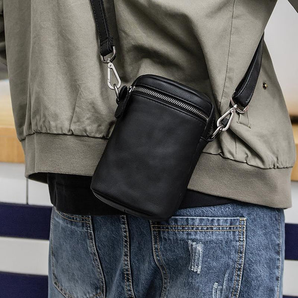 Black Leather Mens MIni Side Bag Messenger Bag Camel Phone Bag Shoulder Bag For Men - imessengerbags